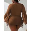 imageSOLY HUX Womens Plus Size Sexy 4 Piece Swimsuits Halter Bikini Sets with Drawstring Long Sleeve Cover Up Bathing SuitCoffee Brown