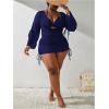imageSOLY HUX Womens Plus Size Sexy 4 Piece Swimsuits Halter Bikini Sets with Drawstring Long Sleeve Cover Up Bathing SuitDark Blue