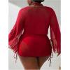 imageSOLY HUX Womens Plus Size Sexy 4 Piece Swimsuits Halter Bikini Sets with Drawstring Long Sleeve Cover Up Bathing SuitSolid Red