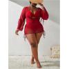 imageSOLY HUX Womens Plus Size Sexy 4 Piece Swimsuits Halter Bikini Sets with Drawstring Long Sleeve Cover Up Bathing SuitSolid Red
