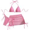 imageSOLY HUX Womens 3 Piece Swimsuit Fishnet Halter Triangle String Bikini Set Bathing Suit with Cover Up Beach SkirtSolid Pink