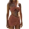 imageSOLY HUX Womens One Shoulder Bikini Swimsuit High Cut Bathing Suit with Cover Up Skirts 3 Piece SetDusty Pink