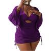 imageSOLY HUX Womens Plus Size Sexy 4 Piece Swimsuits Halter Bikini Sets with Drawstring Long Sleeve Cover Up Bathing SuitSolid Purple