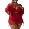 imageSOLY HUX Womens Plus Size Sexy 4 Piece Swimsuits Halter Bikini Sets with Drawstring Long Sleeve Cover Up Bathing SuitSolid Red