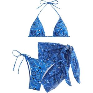 imageSOLY HUX Bikini Sets for Women Paisley Print Halter Triangle Bathing Suit 3 Piece Swimsuit with Sarong Cover UpBlue Paisley