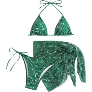 imageSOLY HUX Bikini Sets for Women Paisley Print Halter Triangle Bathing Suit 3 Piece Swimsuit with Sarong Cover UpDark Green Paisley