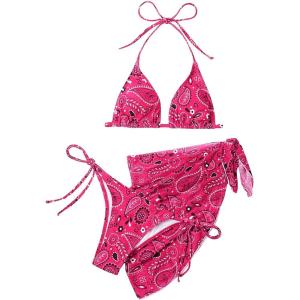 imageSOLY HUX Bikini Sets for Women Paisley Print Halter Triangle Bathing Suit 3 Piece Swimsuit with Sarong Cover UpHotpink Paisley
