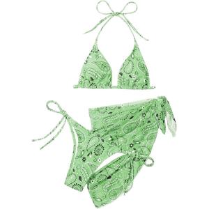 imageSOLY HUX Bikini Sets for Women Paisley Print Halter Triangle Bathing Suit 3 Piece Swimsuit with Sarong Cover UpLime Green Paisley