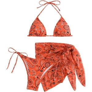 imageSOLY HUX Bikini Sets for Women Paisley Print Halter Triangle Bathing Suit 3 Piece Swimsuit with Sarong Cover UpOrange Paisley