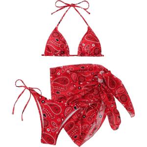 imageSOLY HUX Bikini Sets for Women Paisley Print Halter Triangle Bathing Suit 3 Piece Swimsuit with Sarong Cover UpRed Paisley