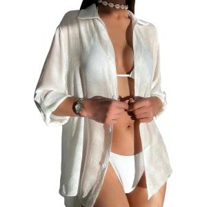 imageSOLY HUX Swim Cover Up for Women Long Sleeve Button Down Sheer Kimono Beach Cover UpPure White