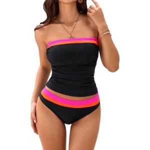 imageSOLY HUX Tankini Swimsuits for Women Color Block Bandeau Ruched Bikini Two Piece Bathing SuitsBlack and Hotpink