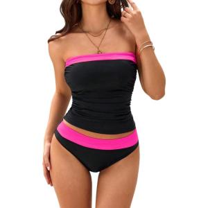 imageSOLY HUX Tankini Swimsuits for Women Color Block Bandeau Ruched Bikini Two Piece Bathing SuitsBlack and Pink