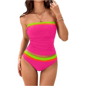 imageSOLY HUX Tankini Swimsuits for Women Color Block Bandeau Ruched Bikini Two Piece Bathing SuitsHotpink Colorblock