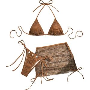imageSOLY HUX Womens 3 Piece Swimsuit Fishnet Halter Triangle String Bikini Set Bathing Suit with Cover Up Beach SkirtPure Coffee Brown