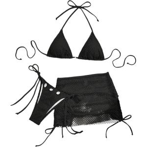 imageSOLY HUX Womens 3 Piece Swimsuit Fishnet Halter Triangle String Bikini Set Bathing Suit with Cover Up Beach SkirtSolid Black
