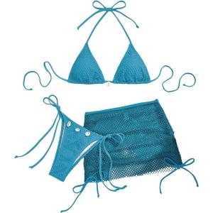 imageSOLY HUX Womens 3 Piece Swimsuit Fishnet Halter Triangle String Bikini Set Bathing Suit with Cover Up Beach SkirtSolid Blue