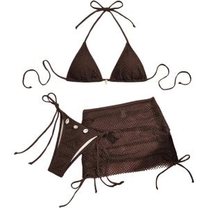 imageSOLY HUX Womens 3 Piece Swimsuit Fishnet Halter Triangle String Bikini Set Bathing Suit with Cover Up Beach SkirtSolid Chocolate Brown