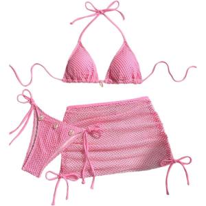 imageSOLY HUX Womens 3 Piece Swimsuit Fishnet Halter Triangle String Bikini Set Bathing Suit with Cover Up Beach SkirtSolid Pink
