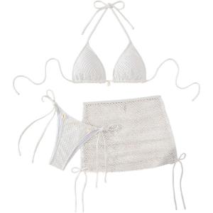 imageSOLY HUX Womens 3 Piece Swimsuit Fishnet Halter Triangle String Bikini Set Bathing Suit with Cover Up Beach SkirtSolid White