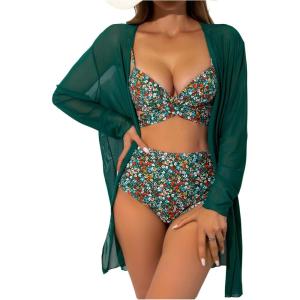 imageSOLY HUX Womens 3 Piece Swimsuit Floral Print Criss Cross Wrap Bikini Set Push Up Bathing Suit with Kimono Cover UpGreen Floral