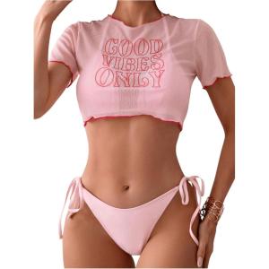 imageSOLY HUX Womens 3 Piece Swimsuit Halter Triangle Tie Side Bikini Sets Bathing Suit with Cover Up TopPink Letter