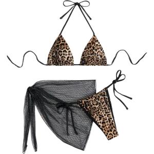 imageSOLY HUX Womens 3 Piece Swimsuit Leopard Print Halter Triangle String Bikini Set Bathing Suit with Cover Up SkirtMulticoloured Leopard