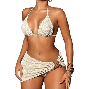 imageSOLY HUX Womens 3 Piece Swimsuit Metal Decor Tie Back Halter Bikini Set with Cover Up SkirtSolid Beige