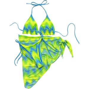 imageSOLY HUX Womens 3 Piece Swimsuit Tie Dye Frill Trim Tie Side Halter Bikini Set with Cover Up SkirtMulticoloured