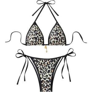 imageSOLY HUX Womens Bathing Suits Allover Print Halter Triangle Tie Side Bikini Sets Two Piece SwimsuitMulticoloured Leopard