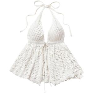 imageSOLY HUX Womens Boho Crochet Knit Ruffle Halter Backless Cover Up Crop Tops Beach Vacation ClothesSolid White