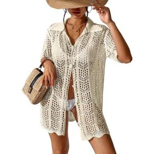 imageSOLY HUX Womens Button Down Hollow Out Crochet Swimsuits Cover Ups Kimono Short Sleeve Sheer Beach Cover UpPure Apricot