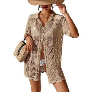 imageSOLY HUX Womens Button Down Hollow Out Crochet Swimsuits Cover Ups Kimono Short Sleeve Sheer Beach Cover UpPure Khaki