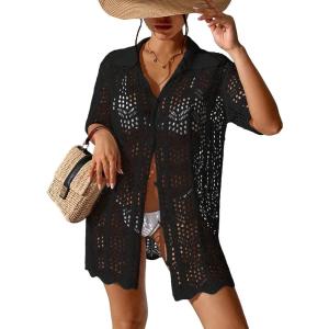 imageSOLY HUX Womens Button Down Hollow Out Crochet Swimsuits Cover Ups Kimono Short Sleeve Sheer Beach Cover UpSolid Black