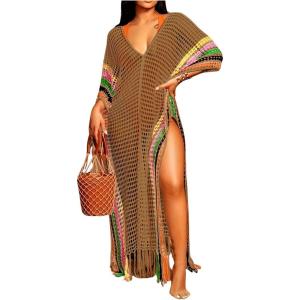 imageSOLY HUX Womens Hollow Out Fringe Hem Cover Up Dress V Neck Striped Split Sheer Swimsuit Bathing SuitBrown Striped Print