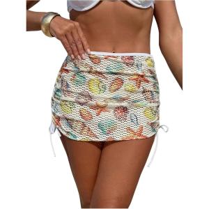 imageSOLY HUX Womens Hollow Out Printed Side Drawstring Cover Up Skirts Vacation Beach WearBeige Printed