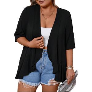 imageSOLY HUX Womens Plus Size Ruffle Half Sleeve Kimono Cardigan Open Front Loose Cover Up Casual Blouse TopsSolid Black