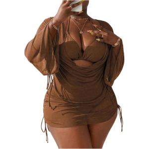 imageSOLY HUX Womens Plus Size Sexy 4 Piece Swimsuits Halter Bikini Sets with Drawstring Long Sleeve Cover Up Bathing SuitCoffee Brown