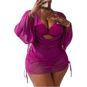 imageSOLY HUX Womens Plus Size Sexy 4 Piece Swimsuits Halter Bikini Sets with Drawstring Long Sleeve Cover Up Bathing SuitHot Pink