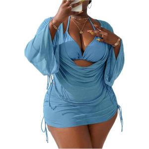 imageSOLY HUX Womens Plus Size Sexy 4 Piece Swimsuits Halter Bikini Sets with Drawstring Long Sleeve Cover Up Bathing SuitLight Blue