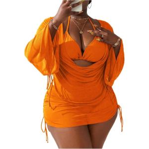 imageSOLY HUX Womens Plus Size Sexy 4 Piece Swimsuits Halter Bikini Sets with Drawstring Long Sleeve Cover Up Bathing SuitSolid Orange