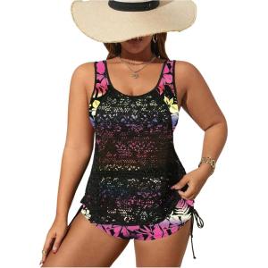 imageSOLY HUX Womens Plus Size Tankini Swimsuits Floral Print Two Piece Bathing Suit Lace Tankini Tops and Shorts SetMulticoloured Floral