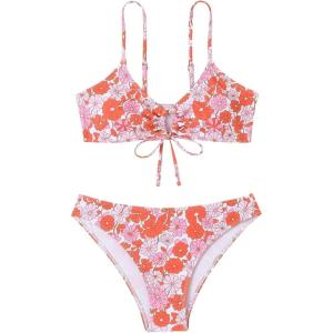 imageSOLY HUX Womens Spaghetti Strap Floral Print Bikini Bathing Suit 2 Piece SwimsuitsOrange Flower