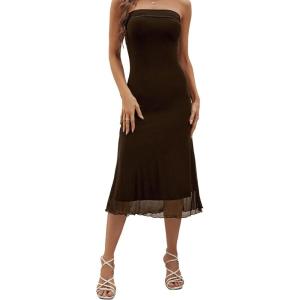 imageSOLY HUX Womens Strapless Midi Dress Tube Top Off Shoulder Sleeveless Fitted Cocktail Club Party Formal Long DressesPlain Coffee Brown