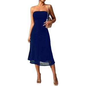 imageSOLY HUX Womens Strapless Midi Dress Tube Top Off Shoulder Sleeveless Fitted Cocktail Club Party Formal Long DressesPlain Navy Blue