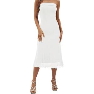 imageSOLY HUX Womens Strapless Midi Dress Tube Top Off Shoulder Sleeveless Fitted Cocktail Club Party Formal Long DressesPlain White