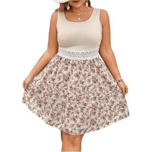 imageSOLY HUX Womens Tropical Print Contrast Lace Summer Dress Scoop Neck Sleeveless A Line Short DressesMulticoloured Floral