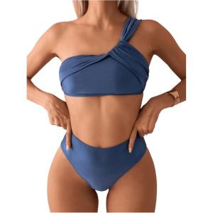 imageSOLY HUX Womens Twist One Shoulder Bathing Suit High Waisted Bikini Sets Two Piece SwimsuitPure Dusty Blue