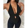 imageSOLY HUX Womens Deep V Neck Cut Out Halter Top Tie Backless Asymmetrical Hem Summer TopsPlain Black