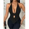 imageSOLY HUX Womens Deep V Neck Cut Out Halter Top Tie Backless Asymmetrical Hem Summer TopsPlain Black